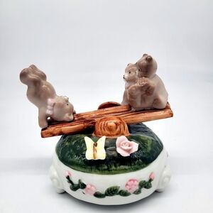 Vintage Porcelain Music Box Bear Cubs
